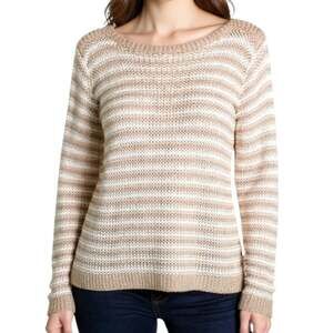 Rena Rowan Cozy Knit Sweater Large Tan White Stripe Boat Neck Minimalist Chic